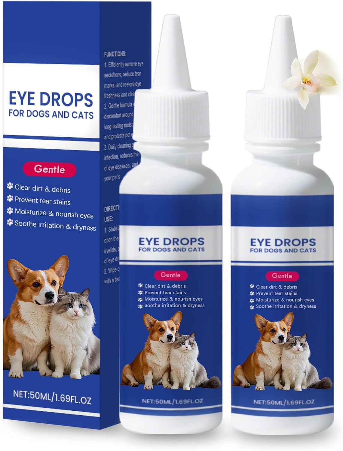 Dog Eye Drops, 2 x 50ml Gentle Eye Drops for Dogs & Cats with Honeysuckle Extract, Dog Eye Infection Treatment, All Natural Pet Tear Stain Remover for Dogs Eye Wash, Soothe Discomfort & Irritation