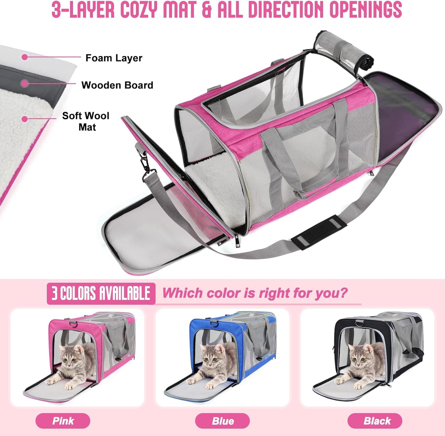 Pet Carrier for Large Cats of 20 Lbs, Collapsible Carrier Bag for Big Cat or 2 Kittens,Soft Sided Puppy Carrier with Sturdy Travel Transport Strap, Adequate Ventilation, 4 Mesh Windows (Pink)