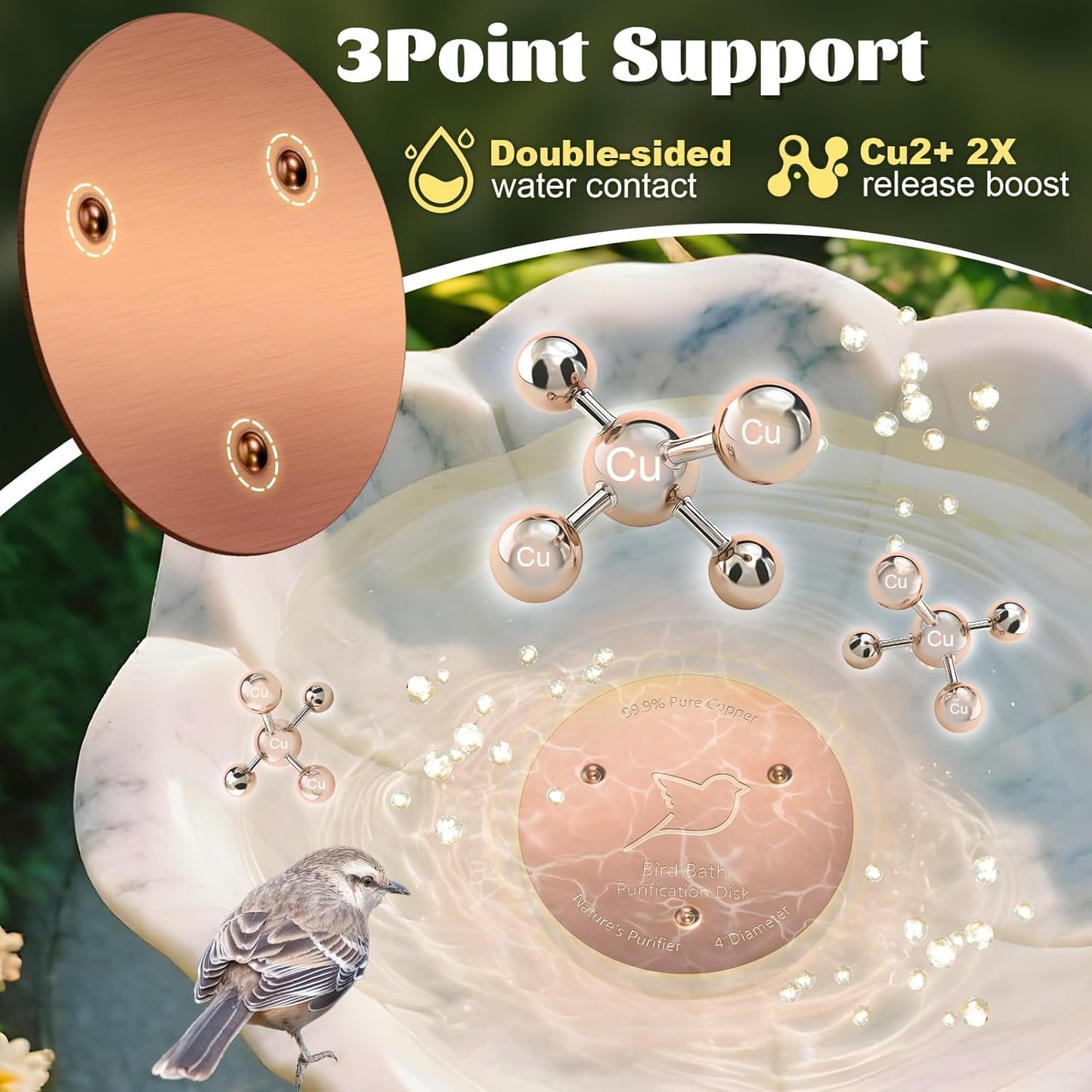 NNG 3 Pack Bird Bath Copper Disk,1mm Thick Reinforced 99.9% Pure Copper Bird Bath Purification Disk with Triple-Point Support,Physical Safe Water Cleaner for Outdoor Birdbaths Bowls,All-Season Use