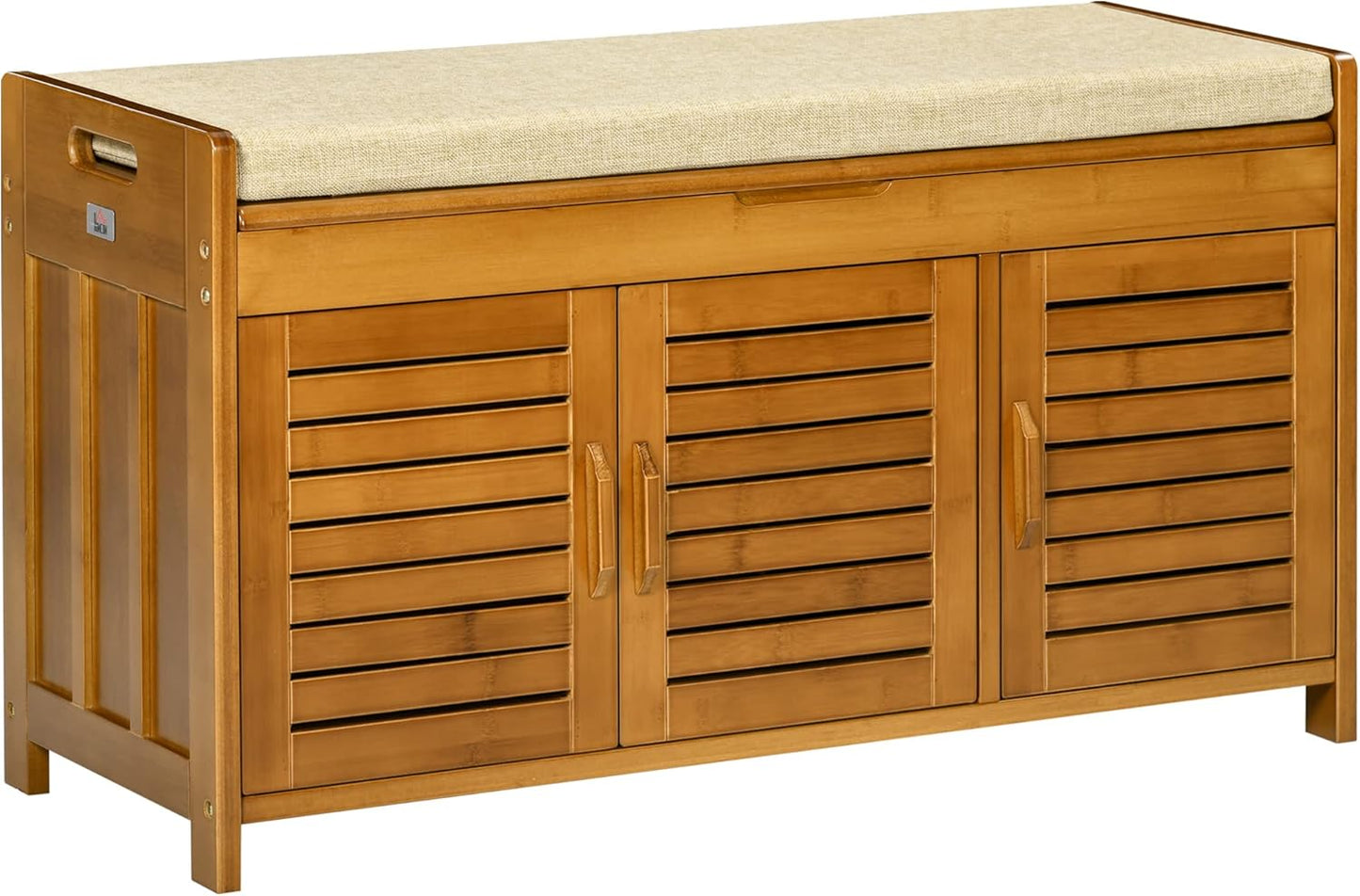 Shoe Bench with Storage Cabinets, Bamboo Entryway Bench with Seating Cushion, 3 Doors and Hidden Compartment for Hallway, Brown