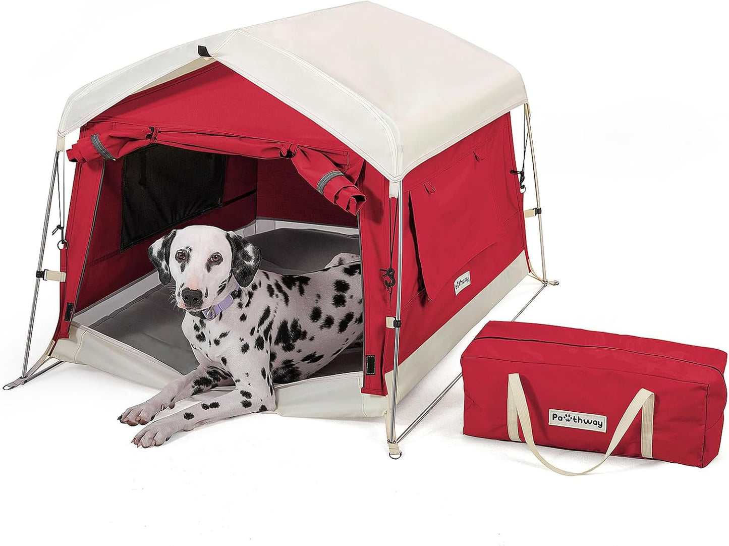 Dog Tent Cotton Fabric, Aluminum Poles and Camping Mat, Outdoor Weatherproof, Dog House Outdoor, Breathable with 2 Side Windows, Portable and Collapsible (Red, Large)