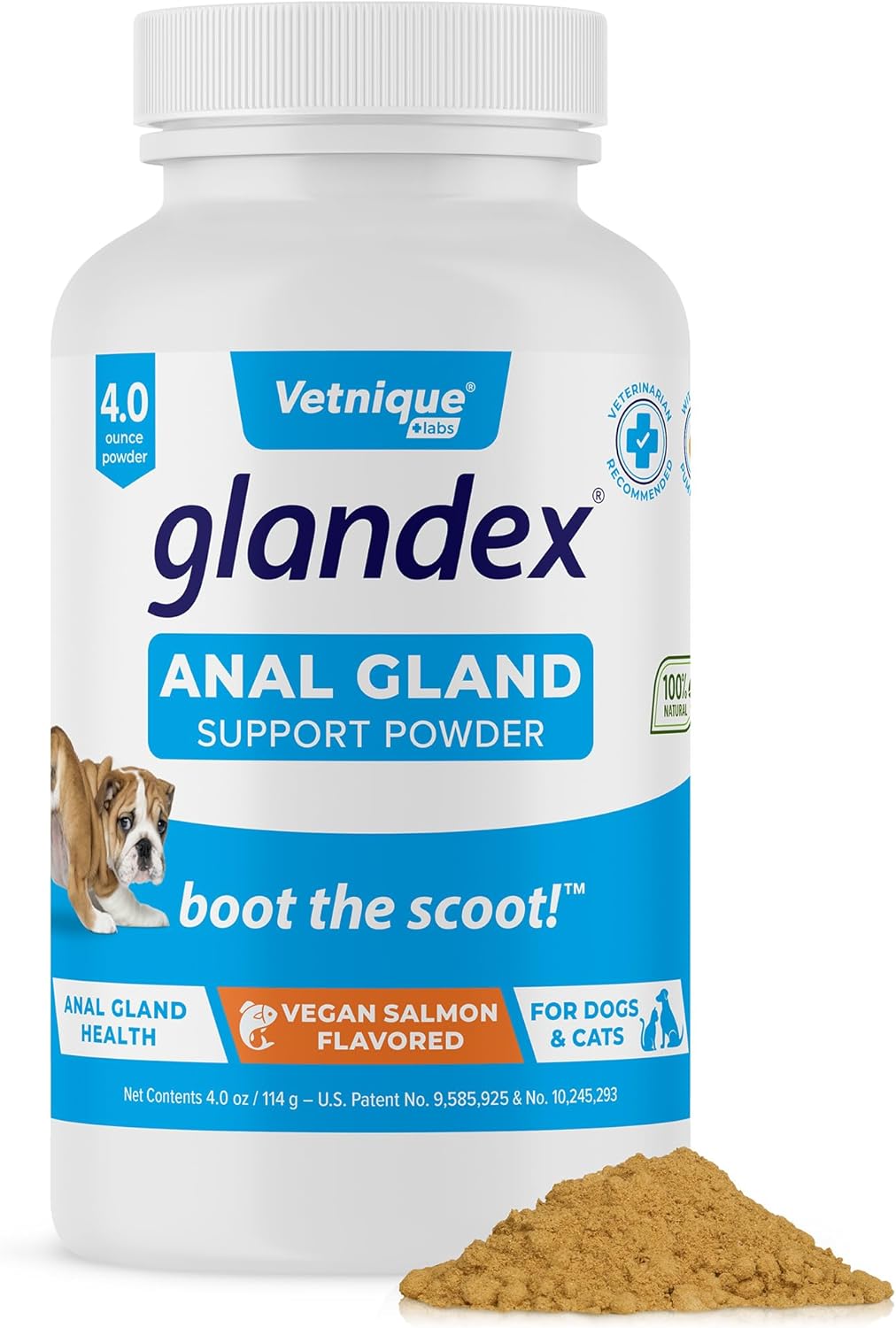 Vetnique Labs Glandex Dog Fiber Supplement Powder for Anal Glands with Pumpkin, Digestive Enzymes & Dog Probiotics for Digestive Health - Vet Recommended - Boot The Scoot (Vegan Salmon, 4.0oz Powder)