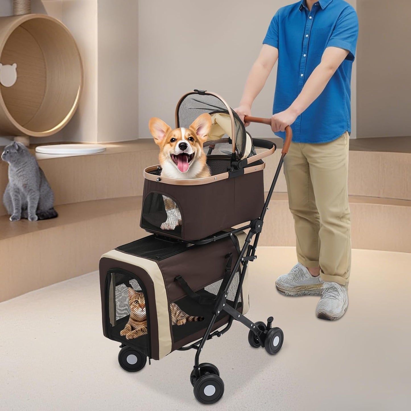 Double Pet Stroller with Detachable Carriers, Large Cat & Dog Stroller with 4 Wheels, Foldable Pet Strollers Small & Medium Dogs Cats 77lbs (Coffee Color)
