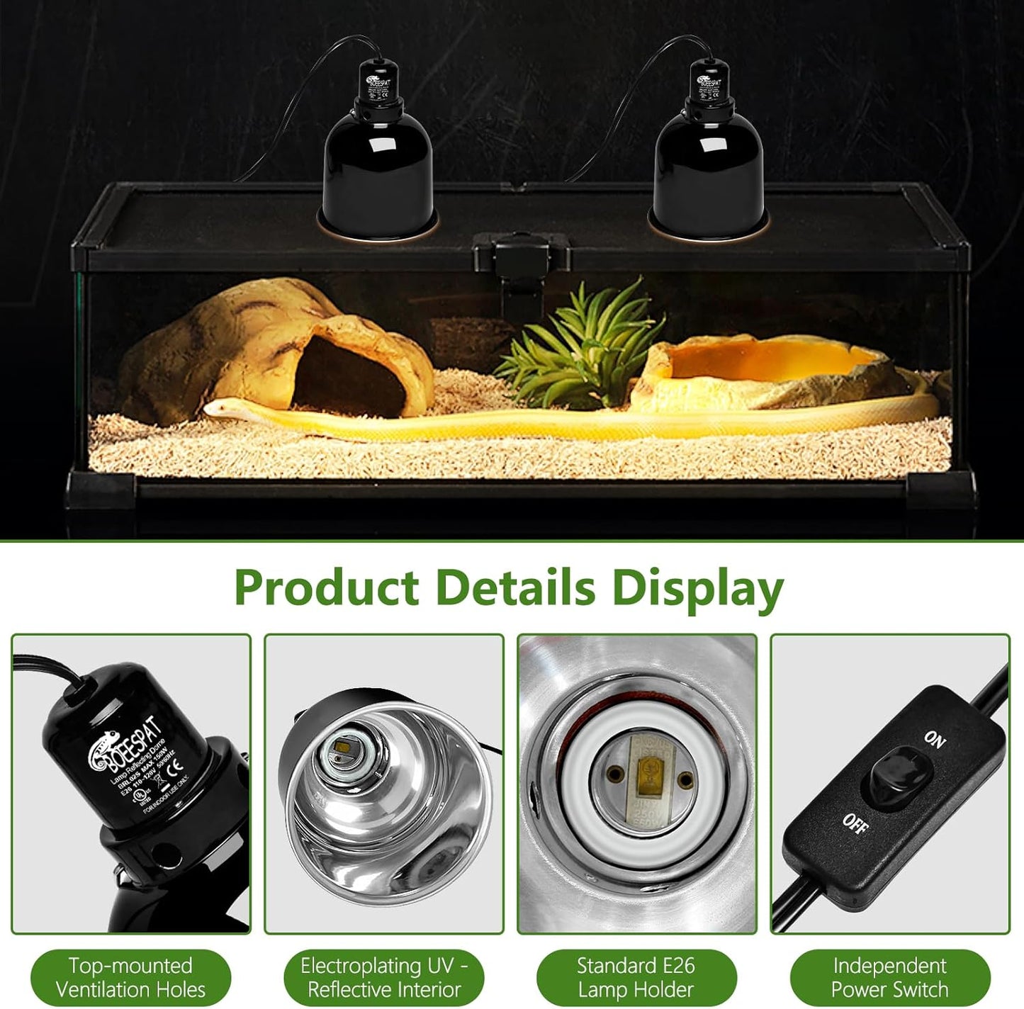 Reptile Light Fixture 5.5 inch Deep Dome with Switch, Optical Reflecting Cover for UVB/UVA Basking Bulbs & Ceramic Heat Emitters