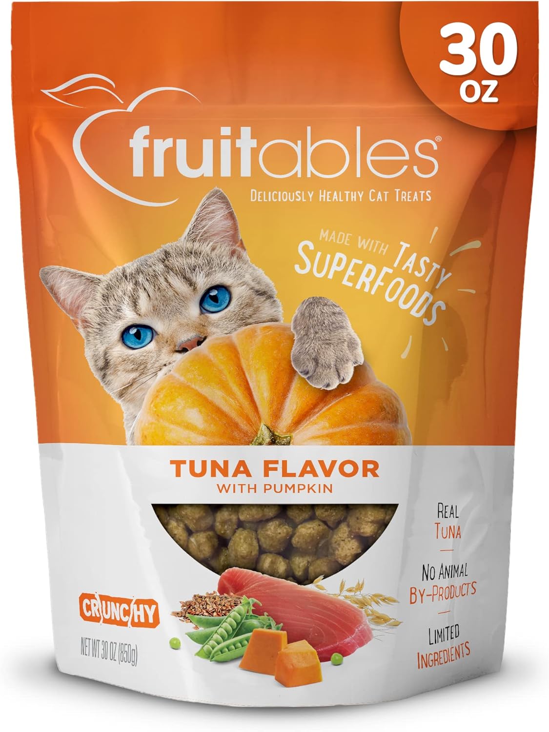 Fruitables Cat Treats, Healthy Treats for Cats, Low Calorie and Packed with Protein, Crunchy Biscuits, Free of Wheat, Corn and Soy, Made with Real Tuna and Pumpkin, 30oz