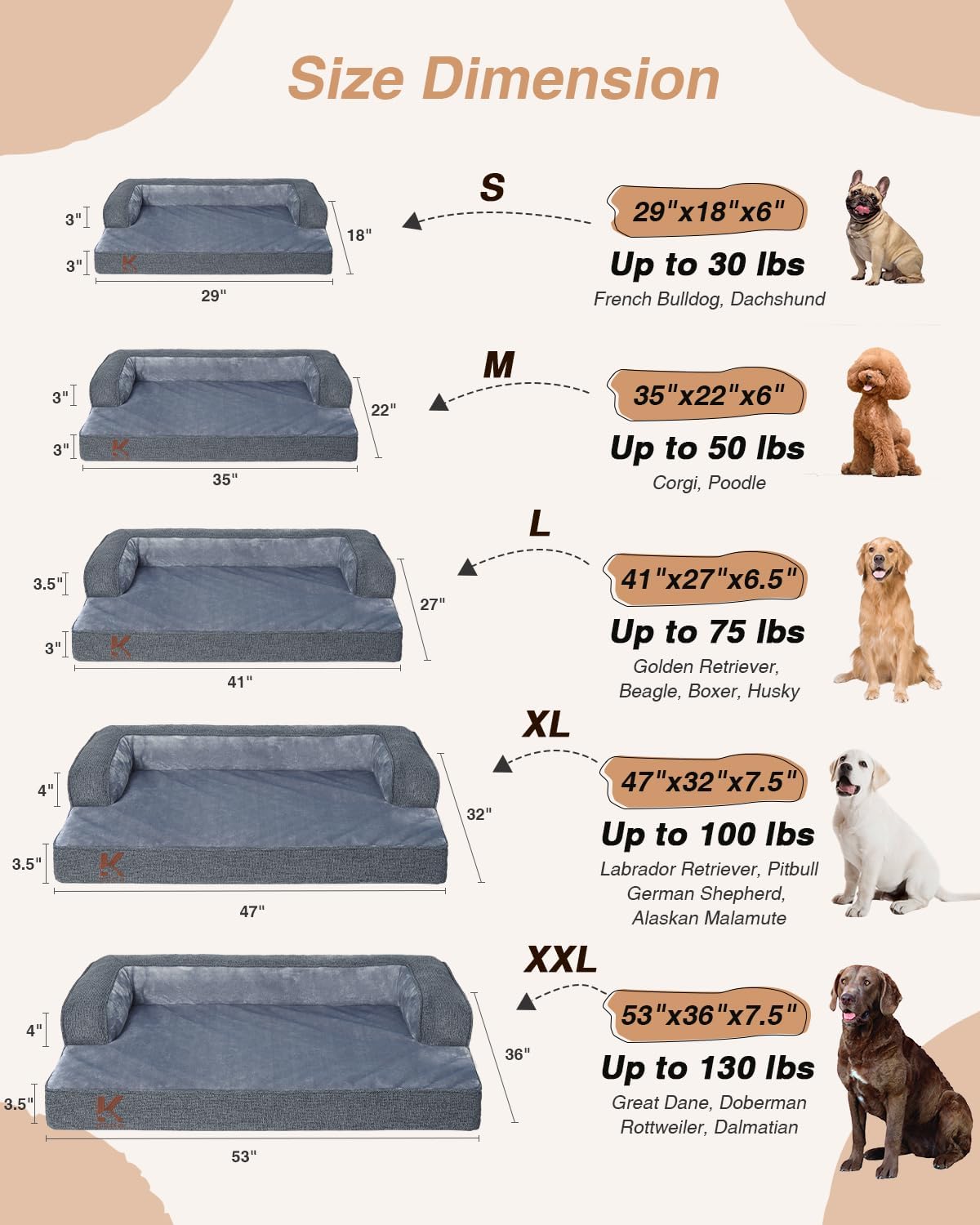 KSIIA Orthopedic Dog Bed for Extra Large Dog，Washable Pet Sofa with U-Shaped Bolster Removable Waterproof Cover Non-Slip Bottom and Egg-Crate Orthopedic Foam Pet Couch Bed, 53 x 36 Inch, Dark Gray