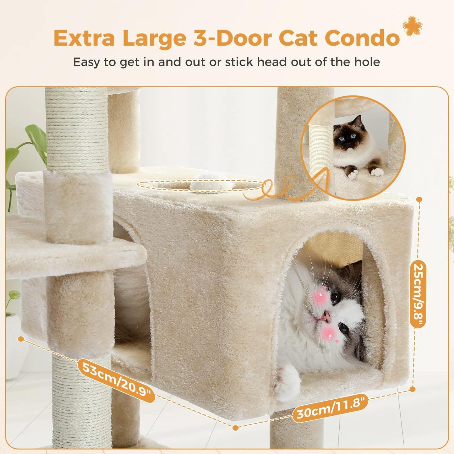 PAWZ Road Large Cat Tree, 72 Inches Cat Tower for Large Cats, Cat Condo with Sisal-Covered Scratching Posts and Pads, 2 Padded Perch, Dual Condo and Basket for Indoor Cats-Beige