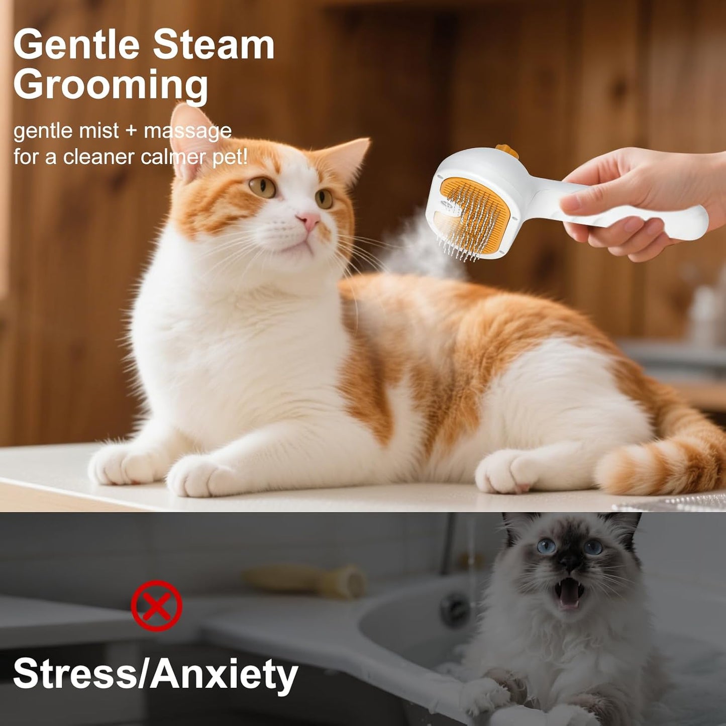 Pet Steam Brush for Dogs and Cats – 3-in-1 Pet Grooming Tool, Spray Portable Design, Suitable for Home and Travel, Ideal for Medium & Long-Haired Pets, Includes 1*Waterless Shampoo, Yellow