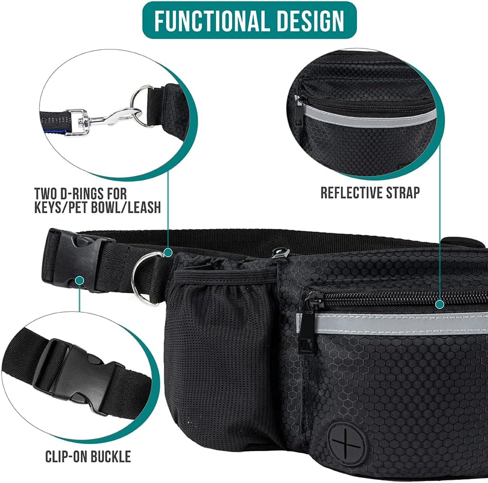 PetAmi Dog Fanny Pack, Treat Pouch for Dog Walking, Training, Built in Poop Bag Dispenser, Water Bottle Holder, Collapsible Bowl, Pet Treat Waist Belt for Hiking, Running, Kibbles (Black)