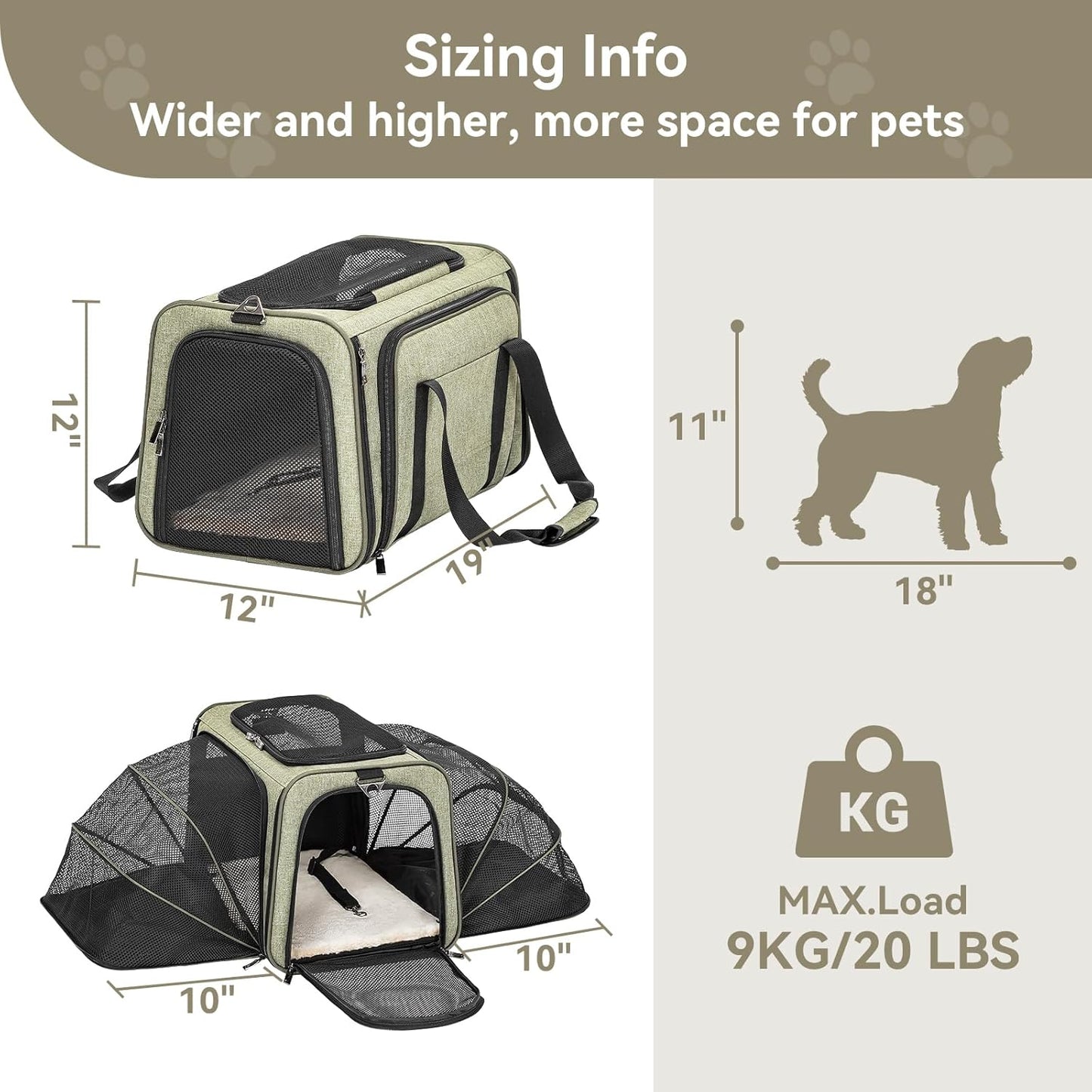 Petsfit Expandable Cat Carrier Dog Carrier, Soft-Sided Portable Pet Travel Carrier, Removable Soft Plush mat and Pockets, Locking Safety Zippers, 19x12x12 Inches