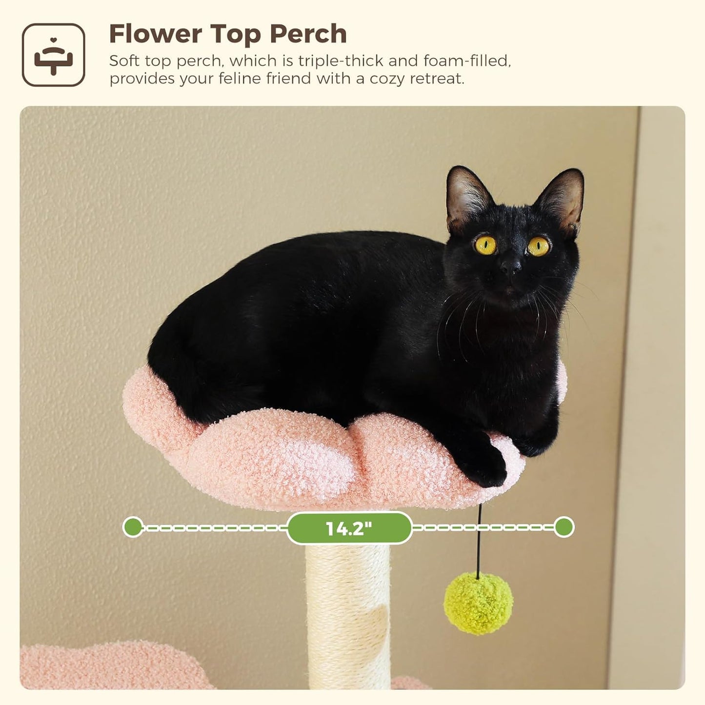 Flower Cat Tree, 62-Inch Tall Multi-Level Cat Tower with Scratching Posts for Large Indoor Cats, Plush Bed w/Padded Perches, Scratching Pad & 2 Green Pompoms, Pink