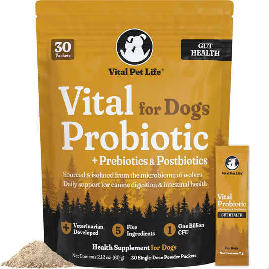 Vital Probiotics for Dogs - Wolf Microbiome, Daily Digestive Health, Dog Probiotics for Digestive Health, Powder Probiotic Supplement, Prebiotics & Postbiotics, Veterinarian Developed, 30 Packets