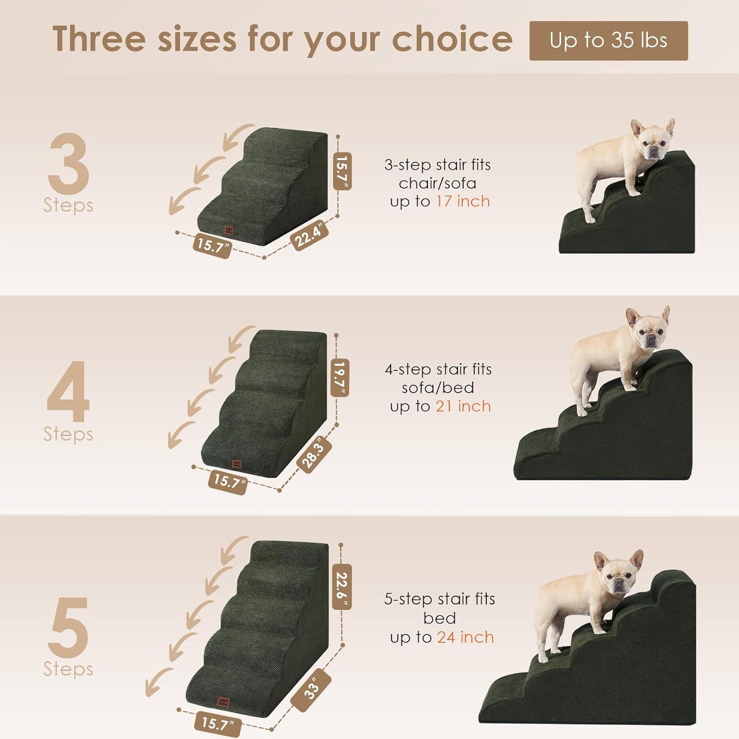 EHEYCIGA Curved Dog Stairs Ramp for Small Dogs 15.7" H, 3-Step Dog Steps for Couch Sofa and Chair, Pet Stairs for Cats, Non-Slip Balanced Pet Steps Indoor, Olive Green