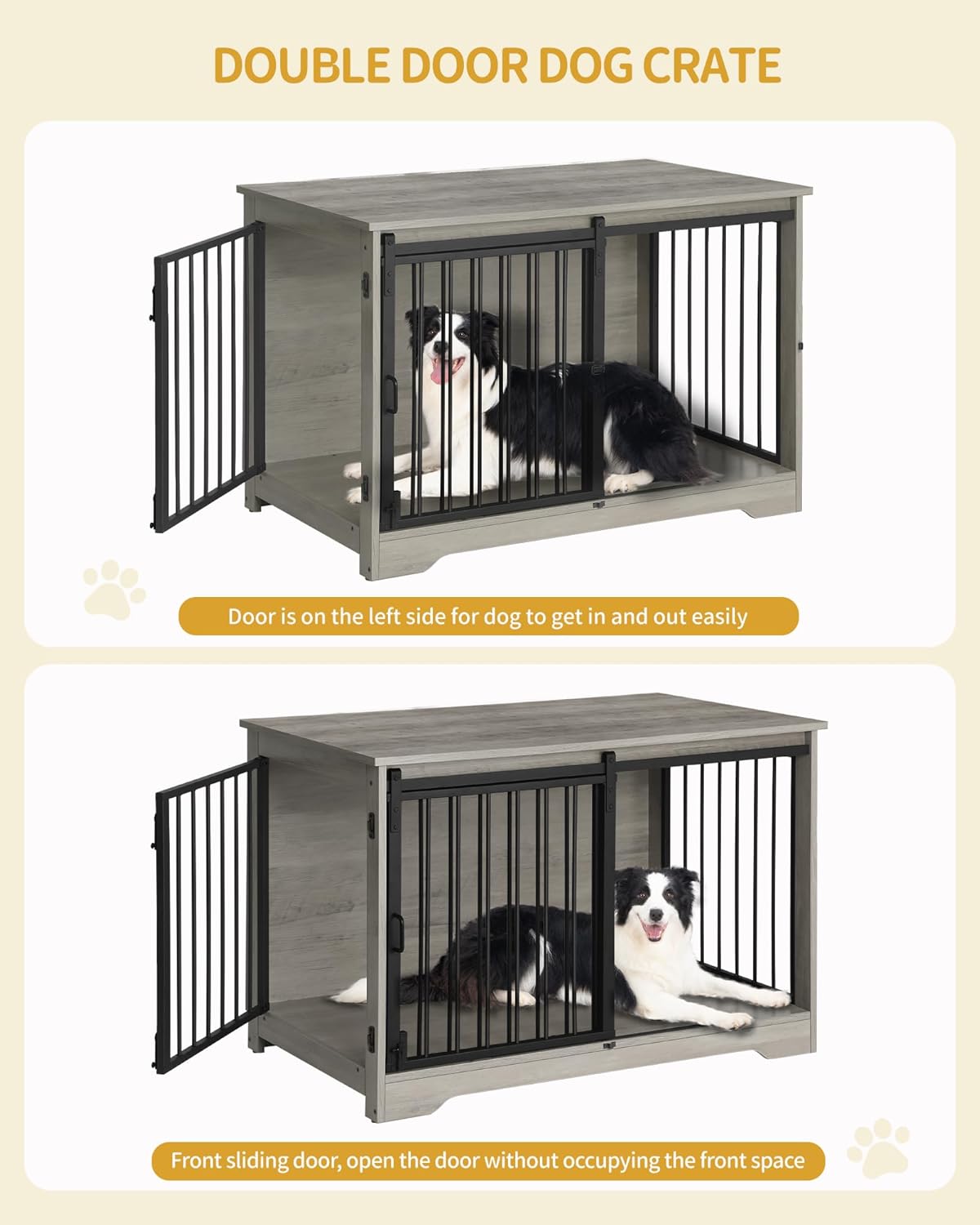 39.4" Heavy Duty Dog Crate Furniture with Barn Door, Wood Indoor Dog Crate Kennel for Small/Medium/Large Dogs, End Side Table, TV Stand, Greige Black DFC02305B