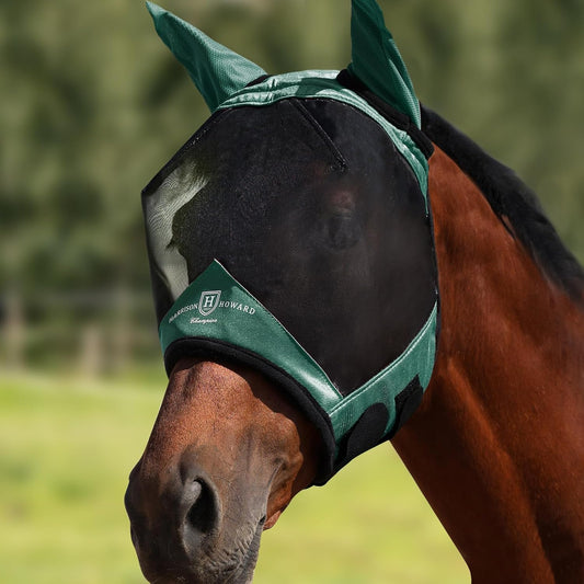 Harrison Howard Pro Luminous Horse Half Face Fly Mask Large Eye Space with Ears UV Protection for Horse Hunter Green XL