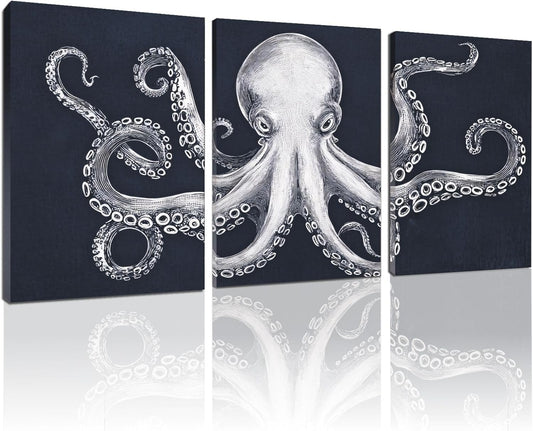 Octopus Wall Decor, Octopus Canvas Wall Art, Ocean Wall Decor,Sea Animal Canvas to Paint for Bathroom, Living Room, Bedroom (16" x 24" x 3 pcs)