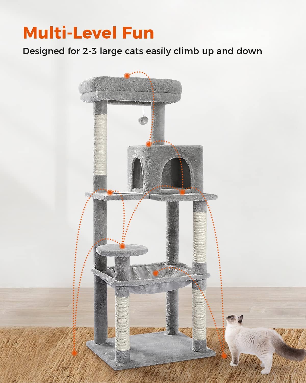 Cat Tree for Large Cats Adult with Metal Plush Big Hammock, 56.3" Cat Tower with 2 Door Condo House, 6-Tier Cat Shelves with Scratching Posts and Large Top Perch, Gray