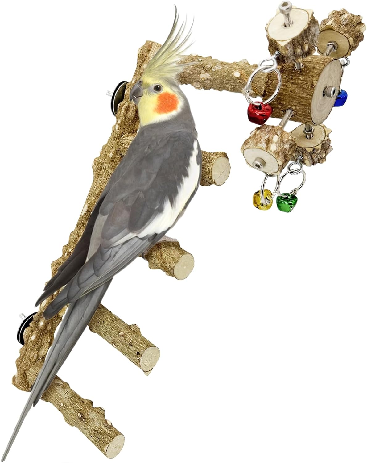 BNOSDM Natural Wood Bird Ladder Perch with Rotating Bell Toys-Exercise Stands for Parrot Climbing Chewing Parakeet Bridge Cage Accessories for Cockatiel, Conures, Lovebirds, Budgie
