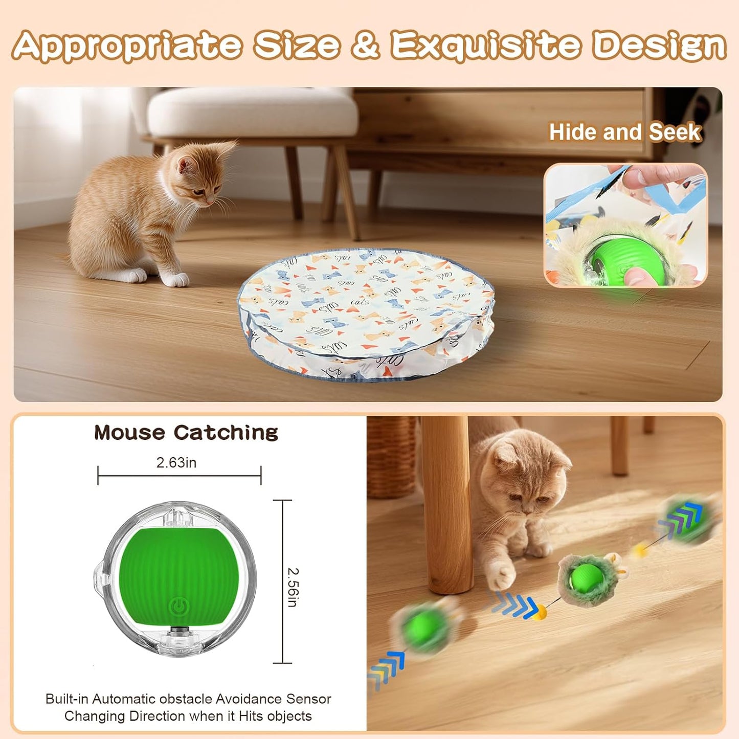 Rocfish Interactive Cat Toys Ball - Automatic Fast Rolling Ball in Play Mat, Hide and Seek Mouse Catching Game, Low-Noise Cat Enrichment Toys in Pouch for Indoor Bored Cats (Green Toy & Round Mat)