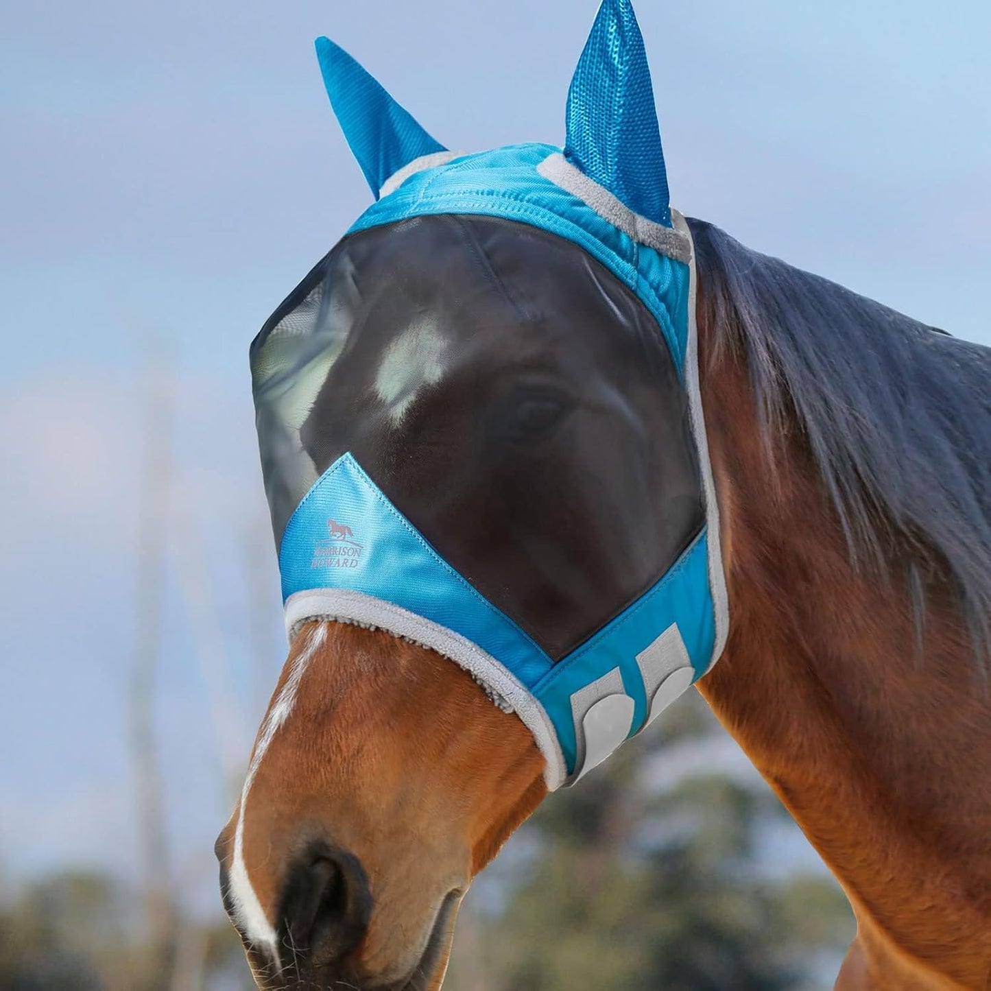 Harrison Howard CareMaster Pro Luminous Horse Fly Mask Large Eye Space Standard with Ears UV Protection for Horse Sky Blue M Cob