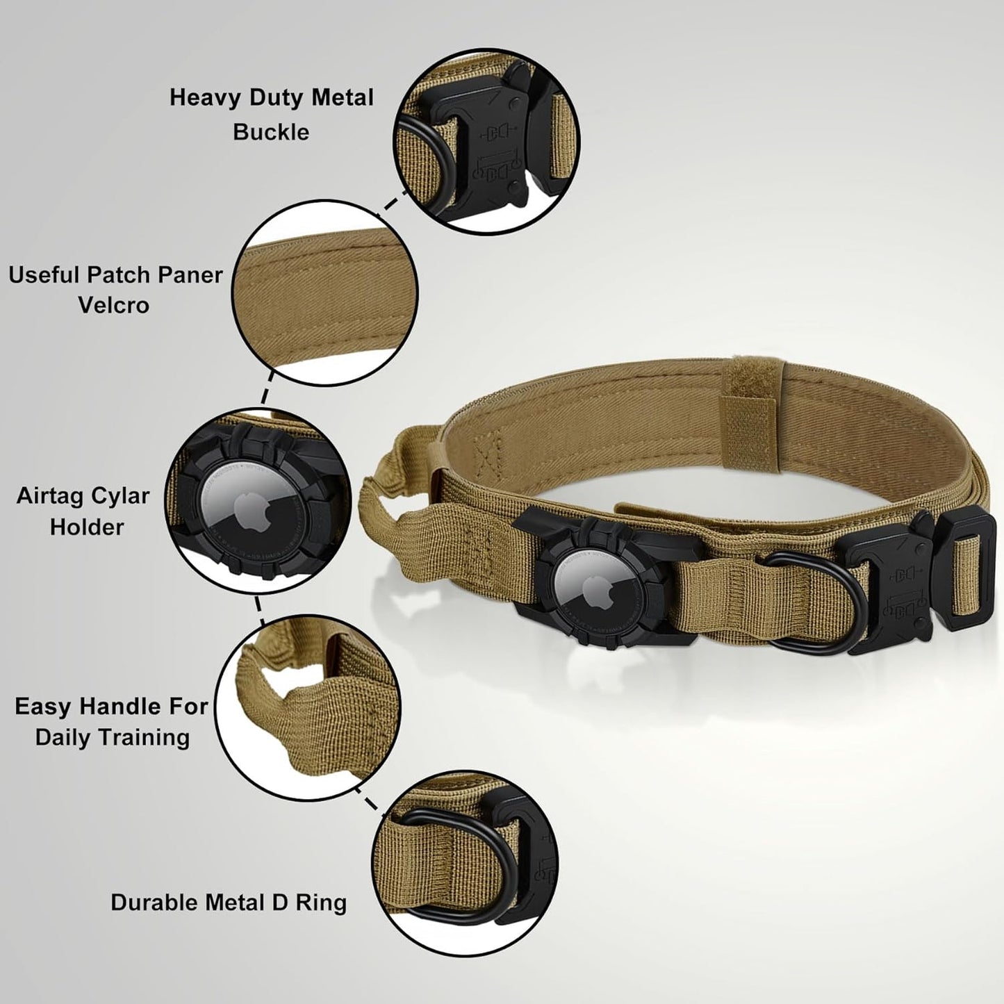Tactical AirTag Dog Collar - Heavy Duty, Adjustable GPS Collar Compatible with Apple AirTag, with Holder & Control Handle for Medium/Large Dogs [ Brown, M ]