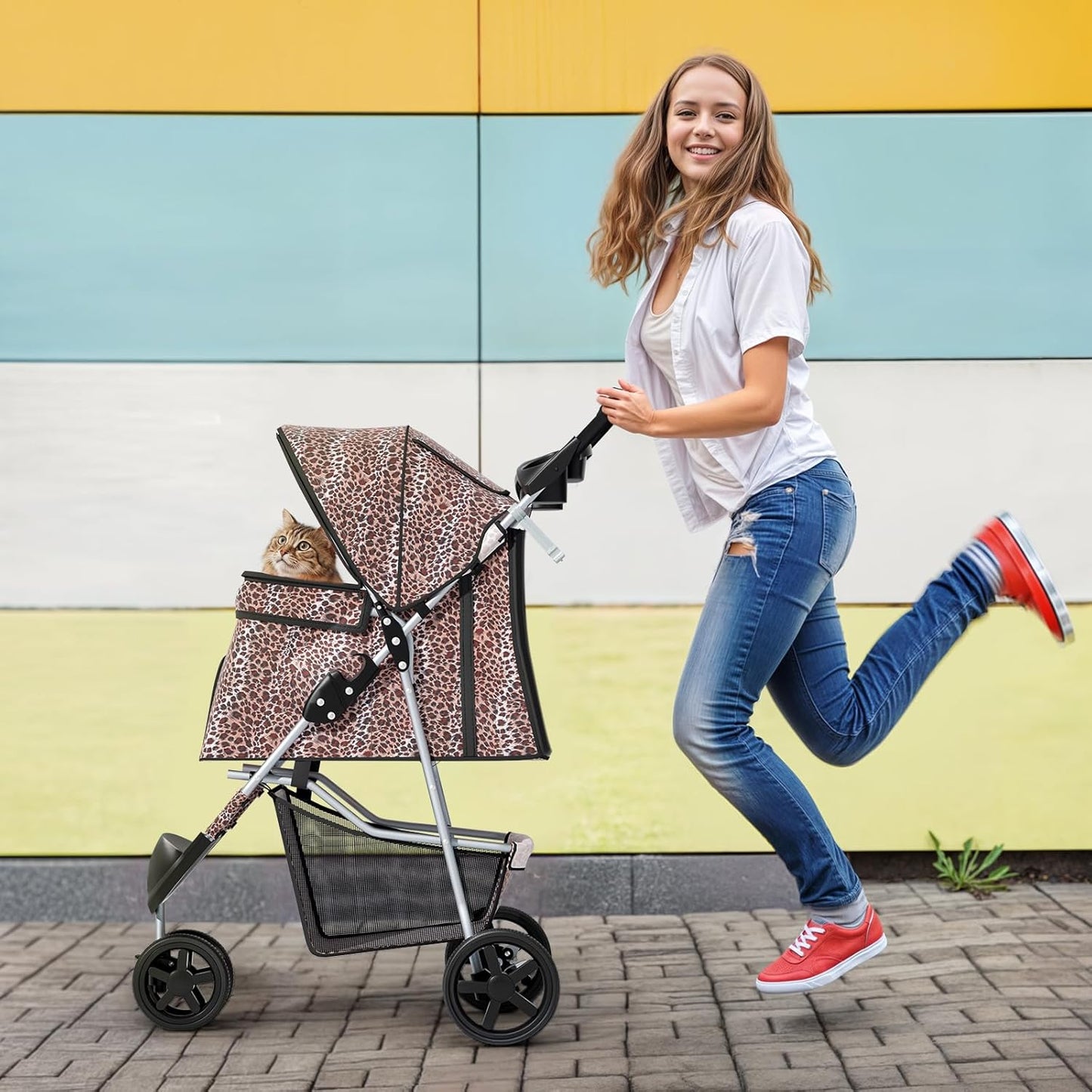 MoNiBloom 3 Wheels Pet Dog Cat Stroller for Small Medium Dogs Cats, Lightweight Foldable Jogger Stroller w/Storage Basket & Cup Holder, Leopard Print