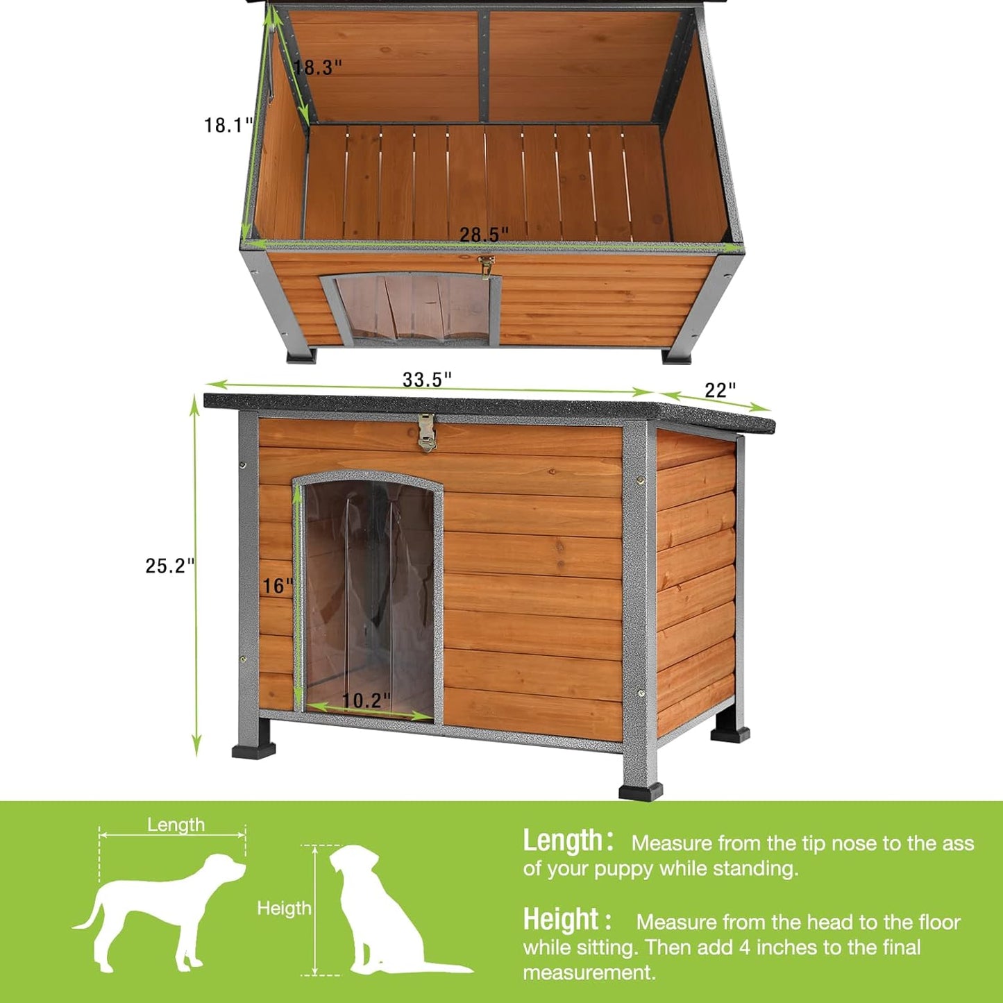 GUTINNEEN Chew Proof Dog House with Metal Iron Frame Outdoor Dog Kennel for Small Medium Large Indoor Dog Cage (33.5" L,Brown Color)