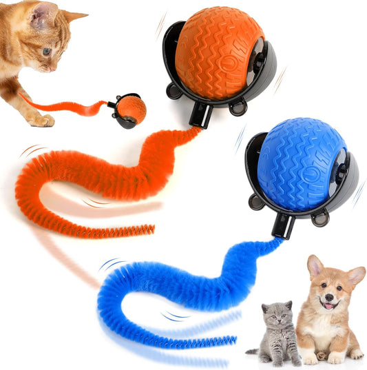 2PCS Interactive Cat Toy for Indoor Cats, Speedy Ball with Tail, Automatic Moving Cat Balls for Bored Indoor Adult Cats, Two Speed Adjustment,360°Automatic Rolling Ball Toy (Blue+Orange)