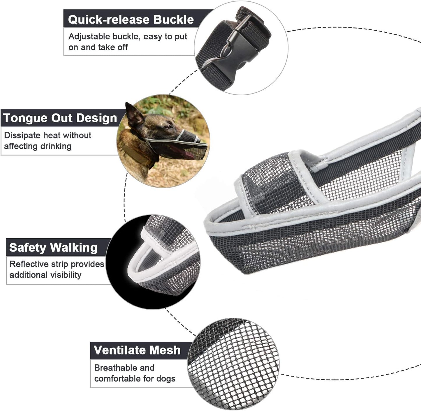 Crazy Felix Nylon Dog Muzzle for Small Medium Large Dogs Dachshund Beagle Poodle Labrador, Air Mesh Breathable and Drinkable Pet Mouth Guard for Anti-Biting Chewing Scavenging (XS, Reflective Trim)