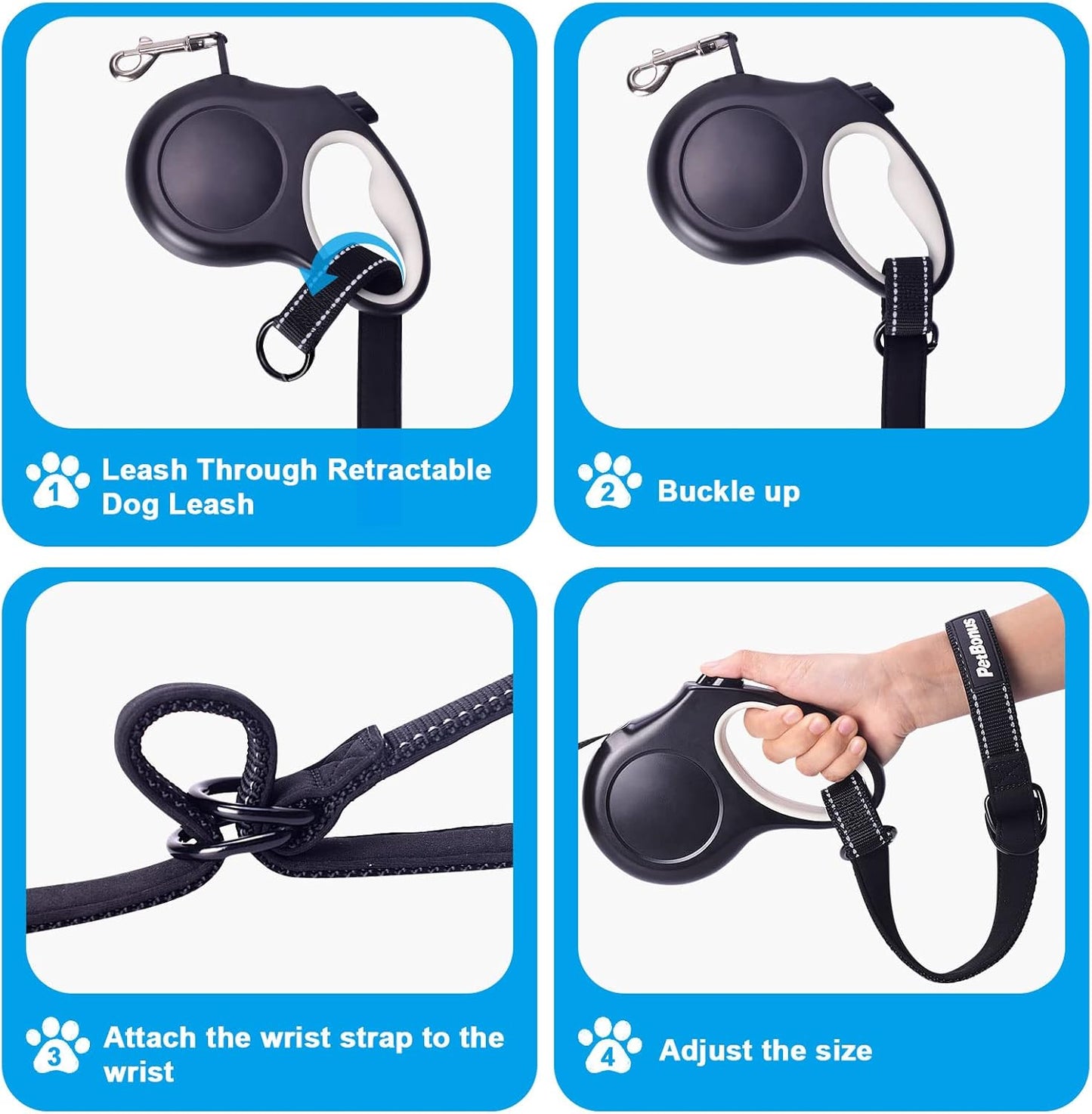 PetBonus Short Dog Leash, Safety Wrist Strap for Retractable Dog Leash, Reflective Design and Adjustable Soft Padded Handle, Extra Layer Security for Pet Stroller (Black)