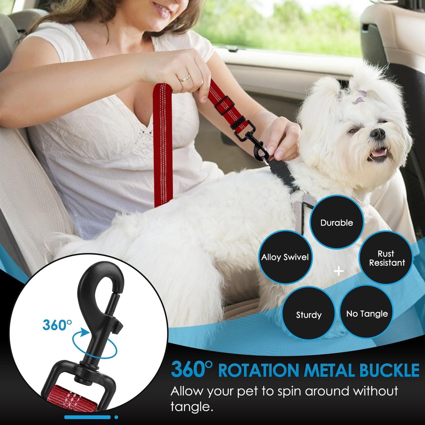 Lukovee Dog Seatbelt Leash for Cars, 2 Pack Pet Safety Seat Belt with Adjustable Buckle & Reflective Bungee, Connect Dog Harness in Vehicle Dogs Restraint Travel Daily Use (Red)