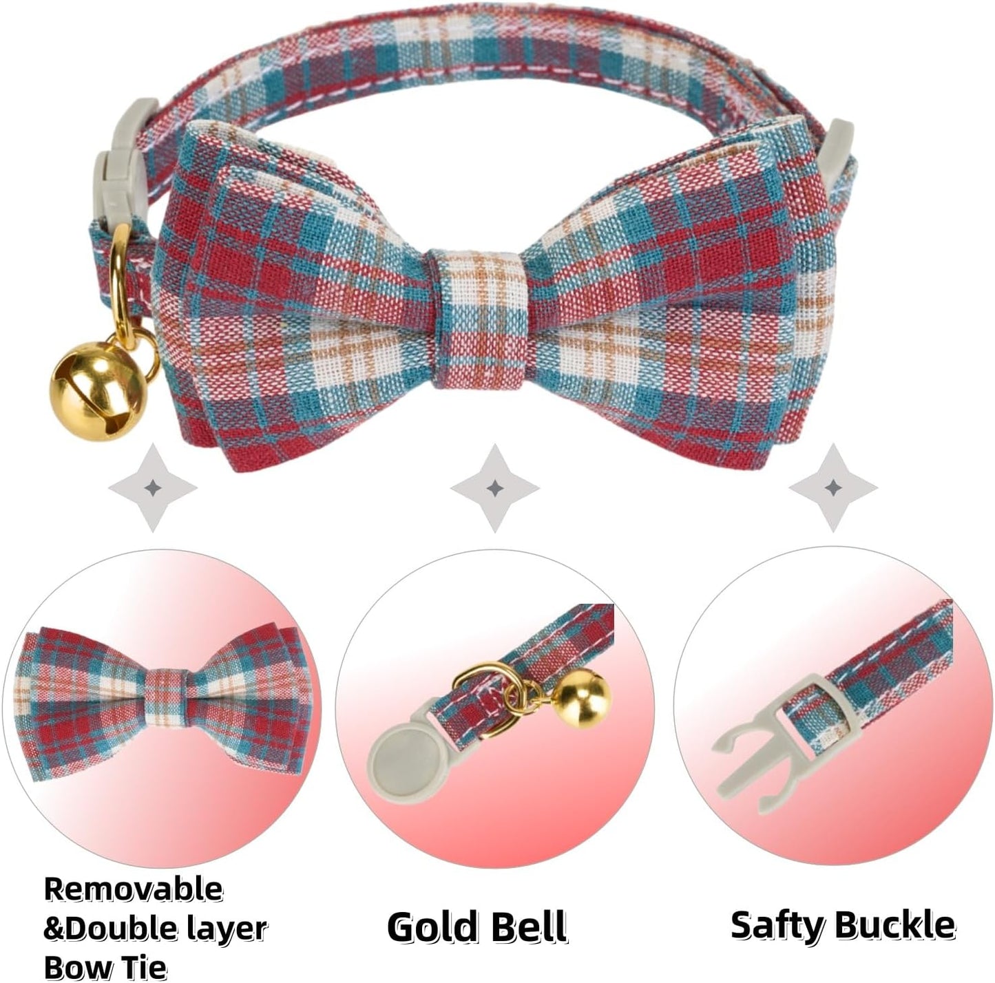 2 Pack Soft Cotton Christmas Cat Collars with Bowtie and Bell Breakaway Plaid Cat Kitten Collar(Red and Green)