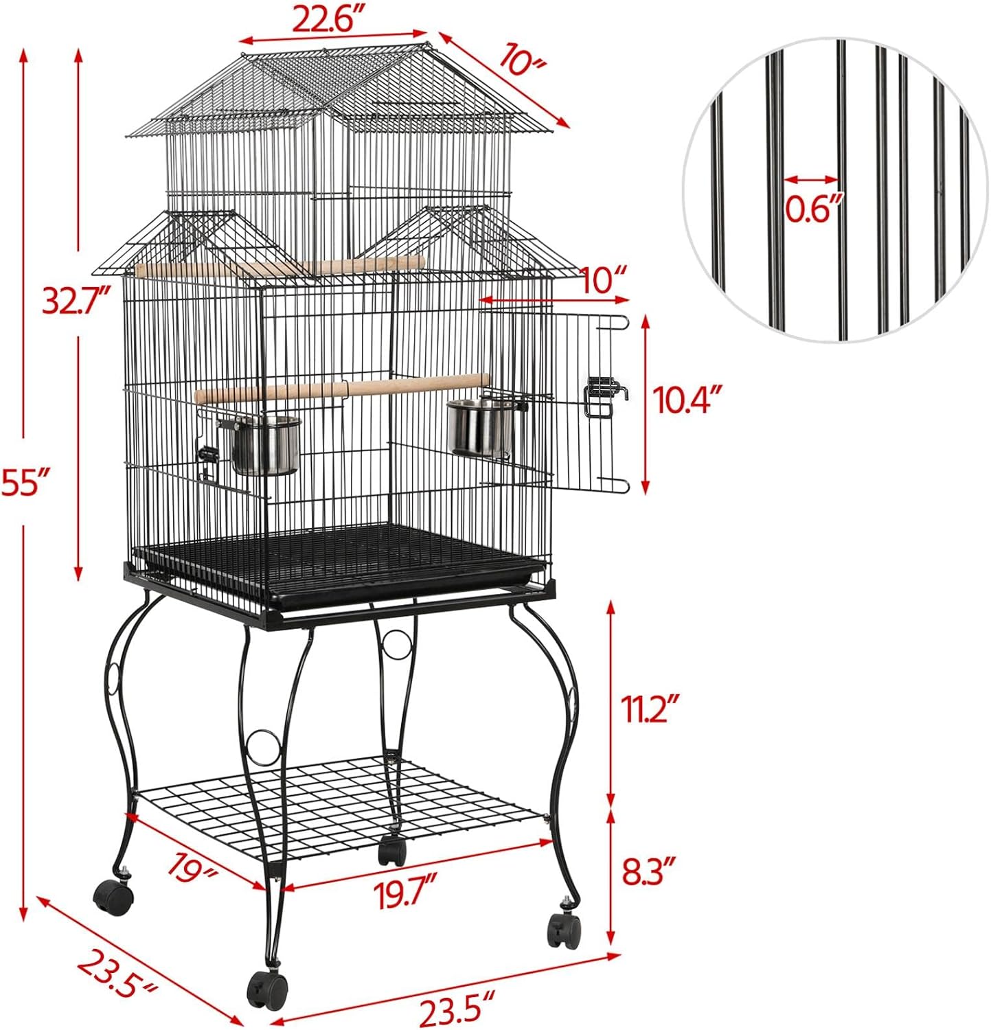 Yaheetech Budgie Cage 55-inch Rolling Standing Triple Roof Medium Parrot Cage Pet Bird Cage with Detachable Stand for Cockatiels Sun Parakeets Green-cheeked Conures Macaw