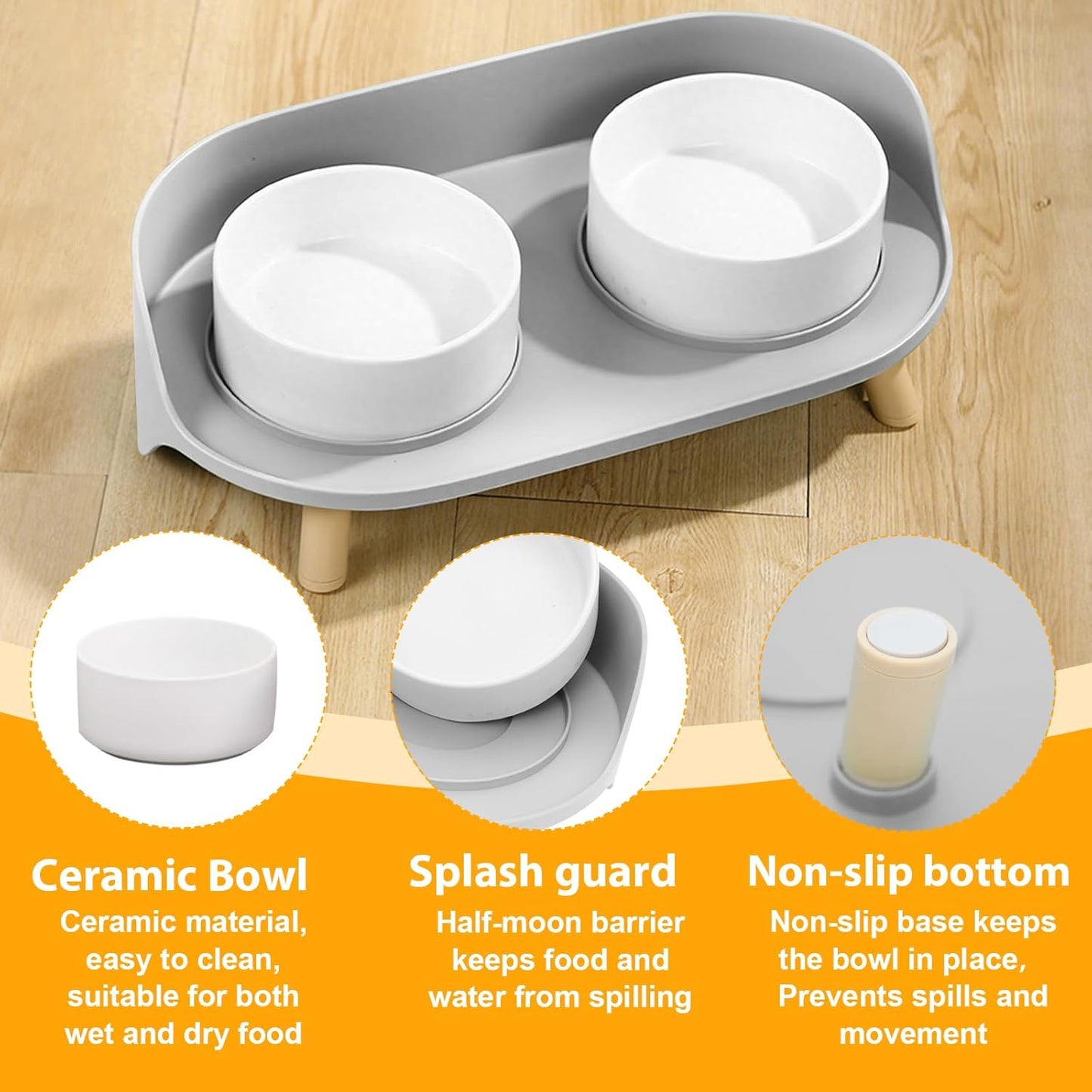 Elevated Dog Bowls Set, Ceramic Pet Food & Water Bowls with Non-Slip Stand, No Spill Design for Cats/Small Medium Dogs Gray