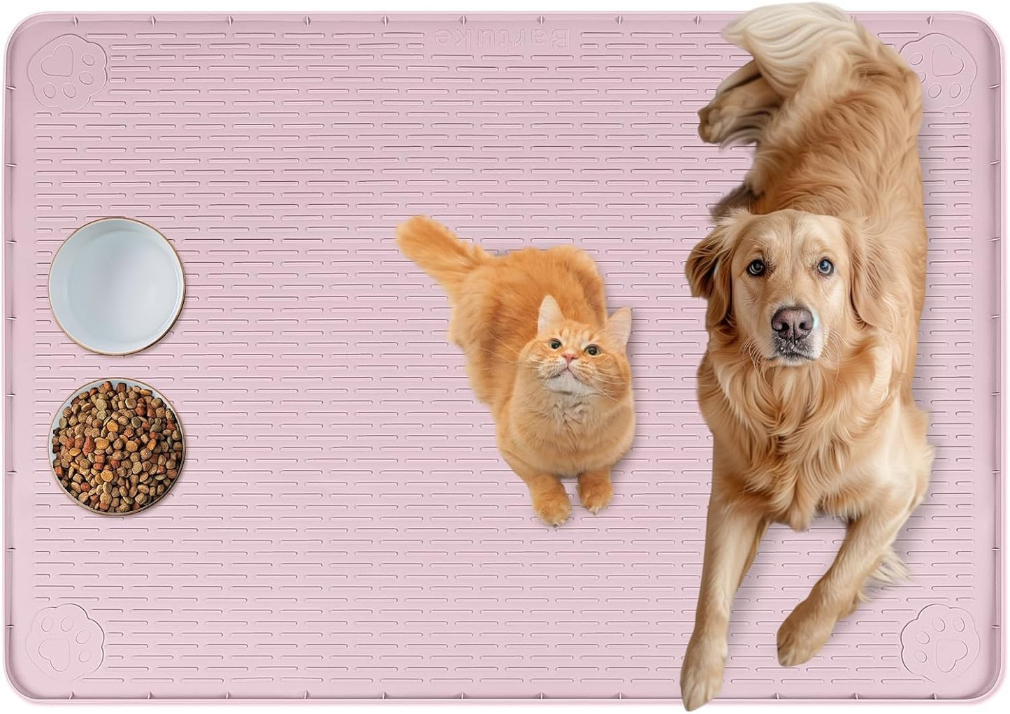 Cat Food Mat, 40" x 28" Extra Large Silicone Pet Feeding Mat with Raised Edge Pet Placemat for Food and Water Bowl Non-Slip, Easy to Clean, Floor Protection (Pink)