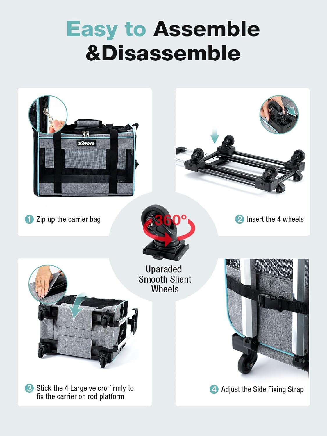 Cat Dog Carrier with Wheels Airline Approved Rolling Pet Carrier with Telescopic Handle, Shoulder Strap and Pet Bowl, Grey