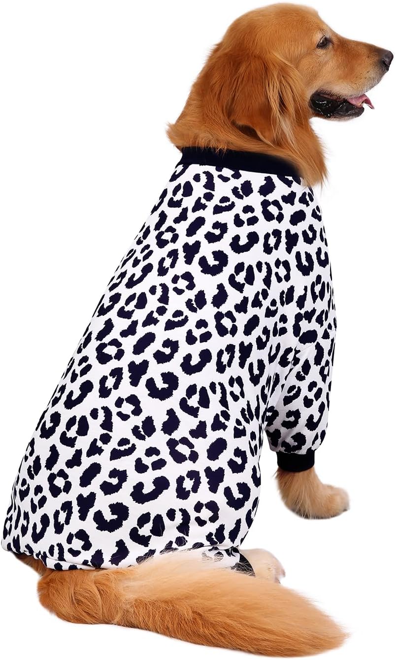 HDE Dog Pajamas One Piece Jammies Jumpsuit Pet Clothes Outfit Stretchy Lightweight Comfy Shirt Pjs for M-3XL Dogs Snow Leopard - 2XL