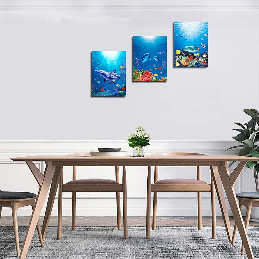 blue ocean fish 3 Pieces Framed Wall Art for Living Room Bathroom Wall Decoration Canvas Print Children's Bedroom Wall decor Office Kitchen Home Decoration Underwater World Watercolor Painting