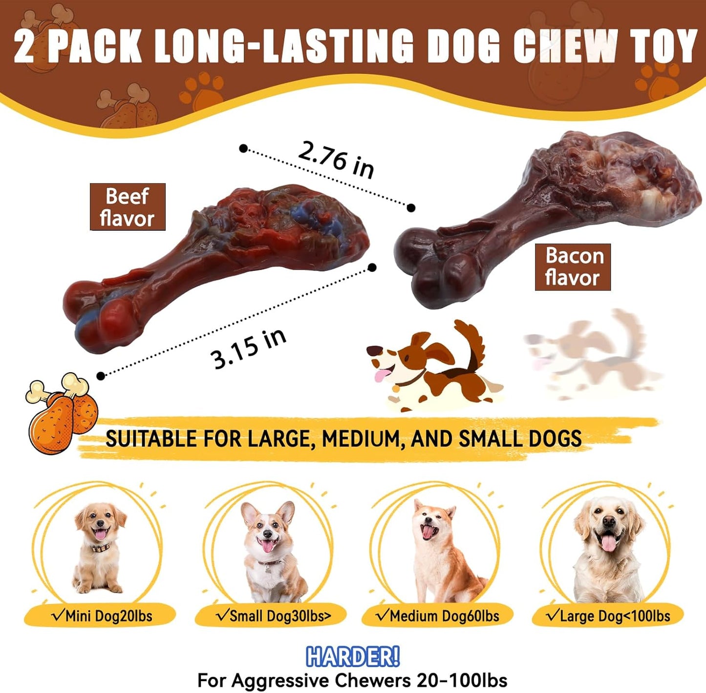 Dog Chew Toys for Aggressive Chewers, Indestructible Dog Toy for for Medium/Large Breed, Tough Nylon Teething Bone Toy to Keep Them Busy,Bacon and Real Beef Flavor (Beef+Bacon Flavor, 2 Pack)