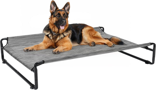 Veehoo Original Outdoor Elevated Dog Bed, Cooling Raised Dog Cot for Large Dogs, Portable Standing Pet Hammock Platform with Washable Breathable Mesh, No-Slip Feet, X-Large, Black Silver, CWC2201