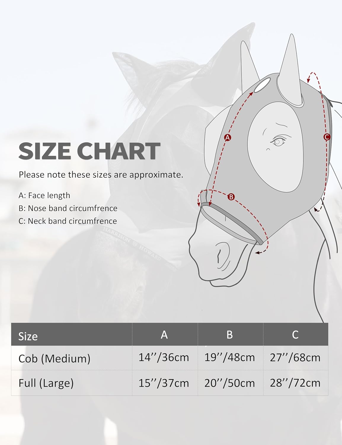 Harrison Howard Horse Fly Mask with Forelock Opening Stretch Breathable and Comfortable for Horses UV -Protection Grey L