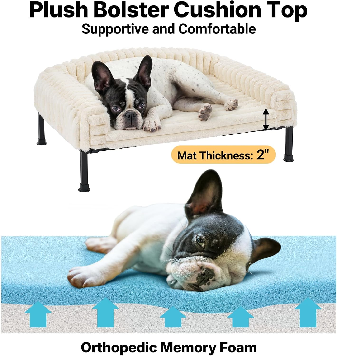 Veehoo Elevated Dog Bed with Bolster Cushion, Fluffy Plush Dog Couch Beds for Small Dogs, Cats, Washable Raised Pet Cot with Non-Slip Feet for Indoor or Patios Use, 24 x 18 Inches, White