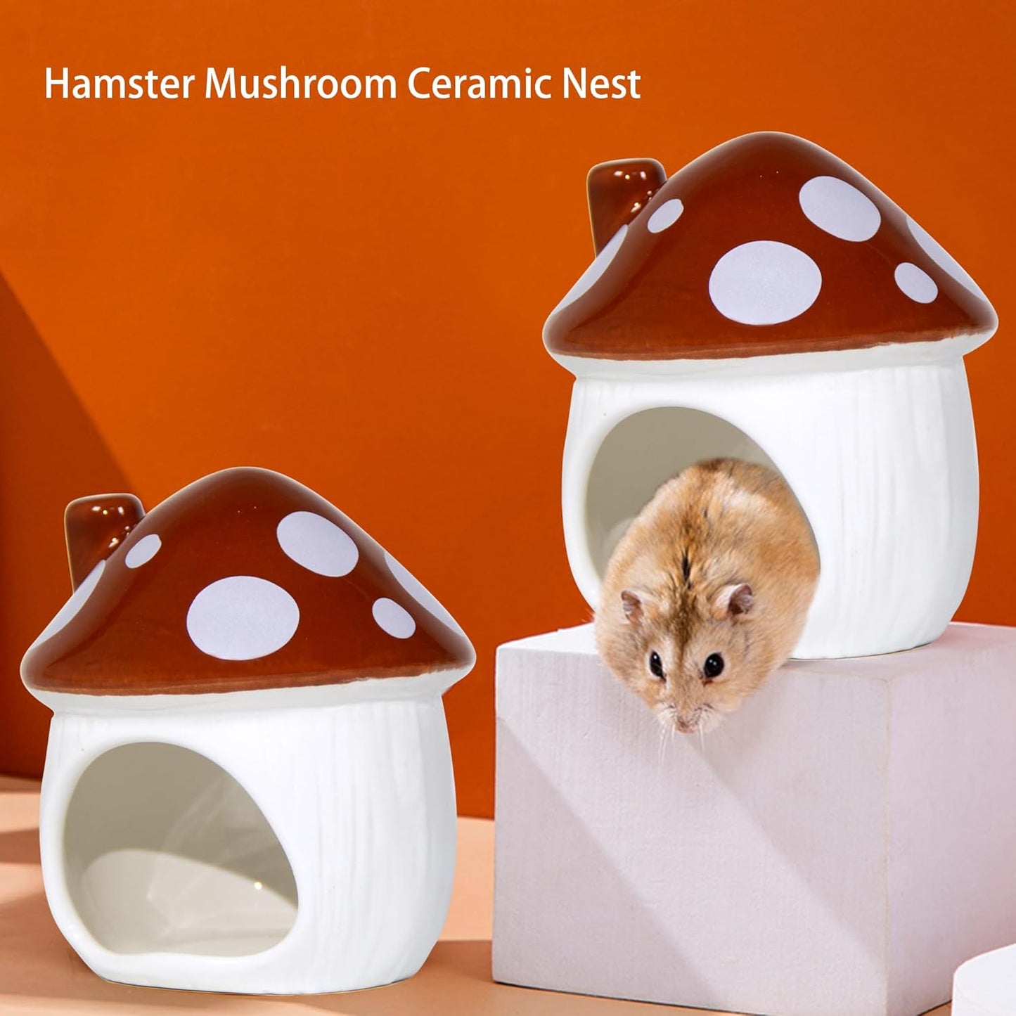 Ceramic Mushroom Hamster Hideout - Hamster Habitat for Hamsters Chinchillas Hedgehogs and Gerbils Mouse Small Pet Guinea Pigs House Hamster Bed (Brown)