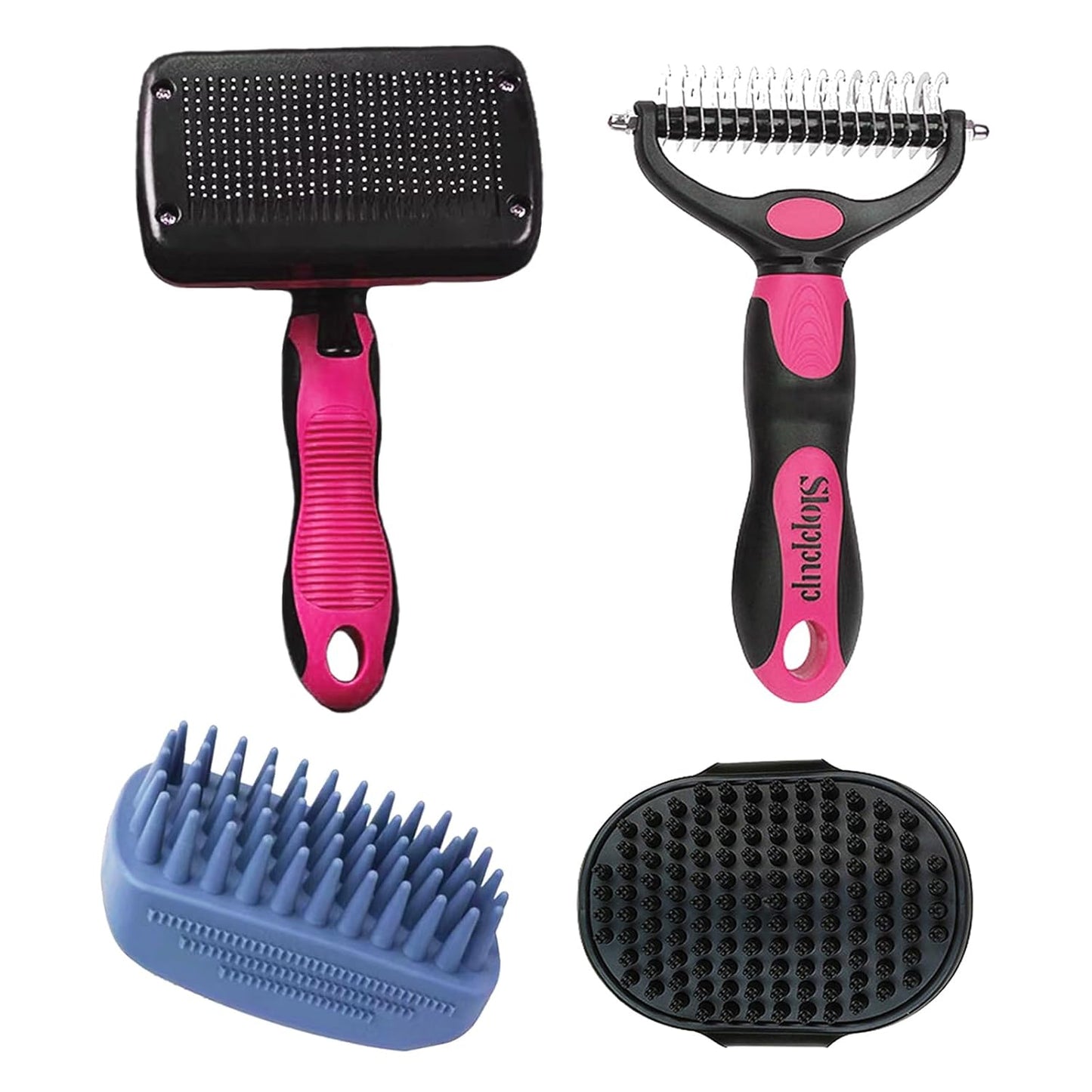 Dog Brush Kit for Grooming Short & Long Haired Dogs & Cats, 4-in-1 Pet Grooming Set with Self-Cleaning Slicker Brush, Deshedding Tool, Shampoo Bath Comb, Massge Comb (Pink Black)