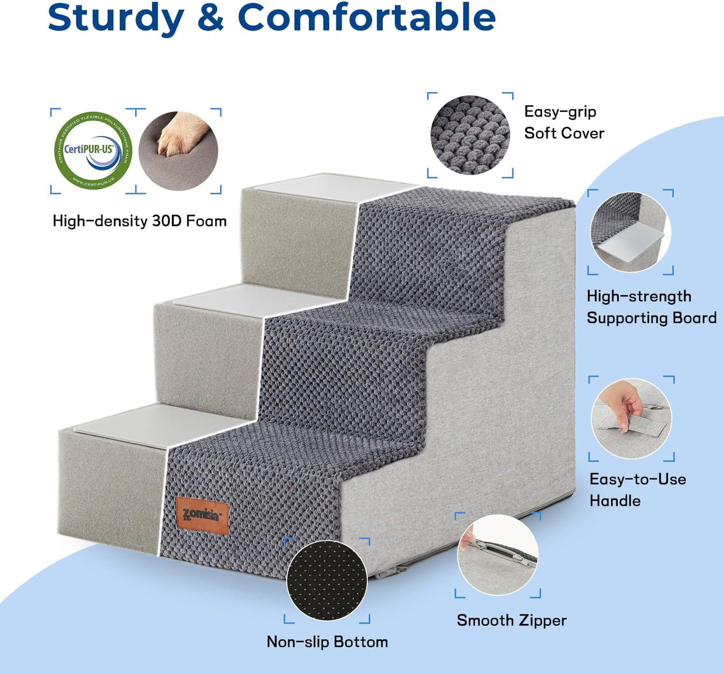 Dog Steps for Couch - Extra Wide Pet Stairs for Small Dogs and Cats, Dog Steps with Non-Slip Bottom Grey 3 Steps, Grey