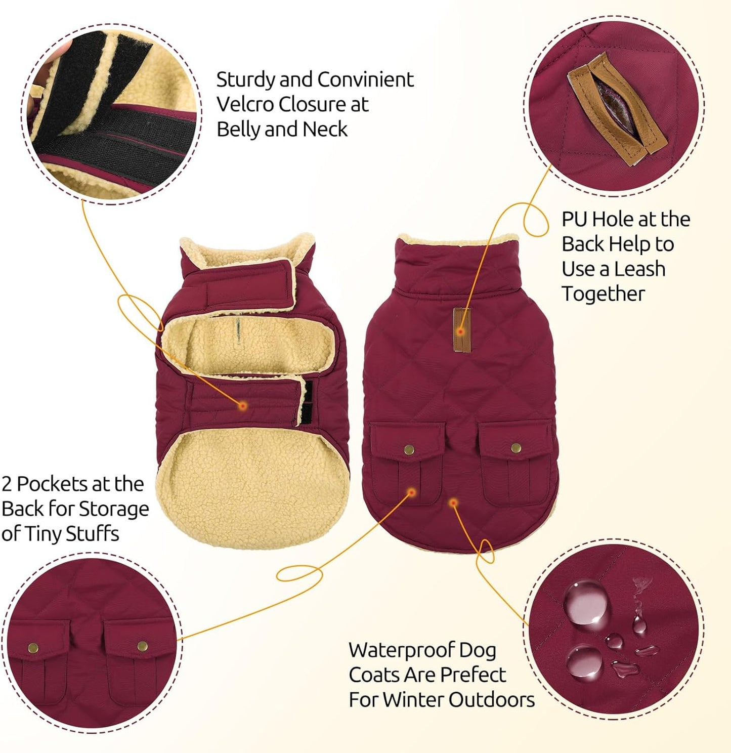 Queenmore Dog Winter Coat Warm Puffer Jacket Waterproof Plush Lining Thermal Cold Weather Vest for Small Medium Large Dogs, Windproof Easy On Pet Jacket Burgundy L