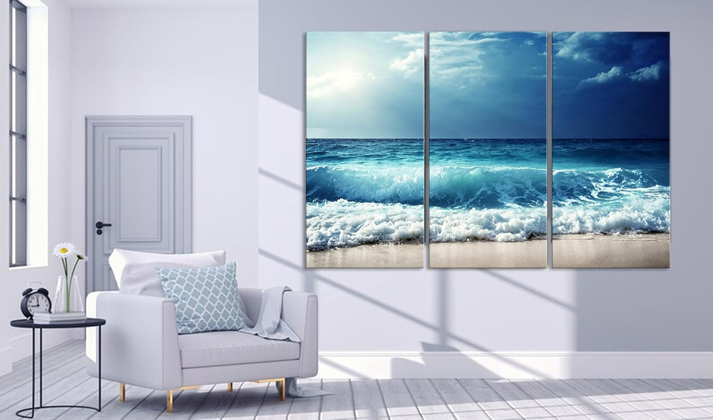 Nature Wall Art Prints - Ocean Forest Mountain Lake Canvas Landscapes - Small to Extra Large Living Room Bedroom Kitchen Bathroom Décor (Summer Ocean Beach, 35L" x 53W" - 3 Panels)