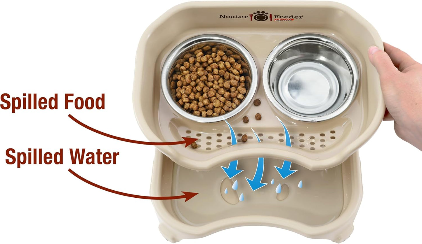 Neater Feeder Express Mess Proof Cat Bowls Elevated, No Spill Feeding Station, Stainless Steel Dishes for Food and Water, Raised Bowls for Indoor Cats, No Fatigue Whisker Friendly Dish, Almond