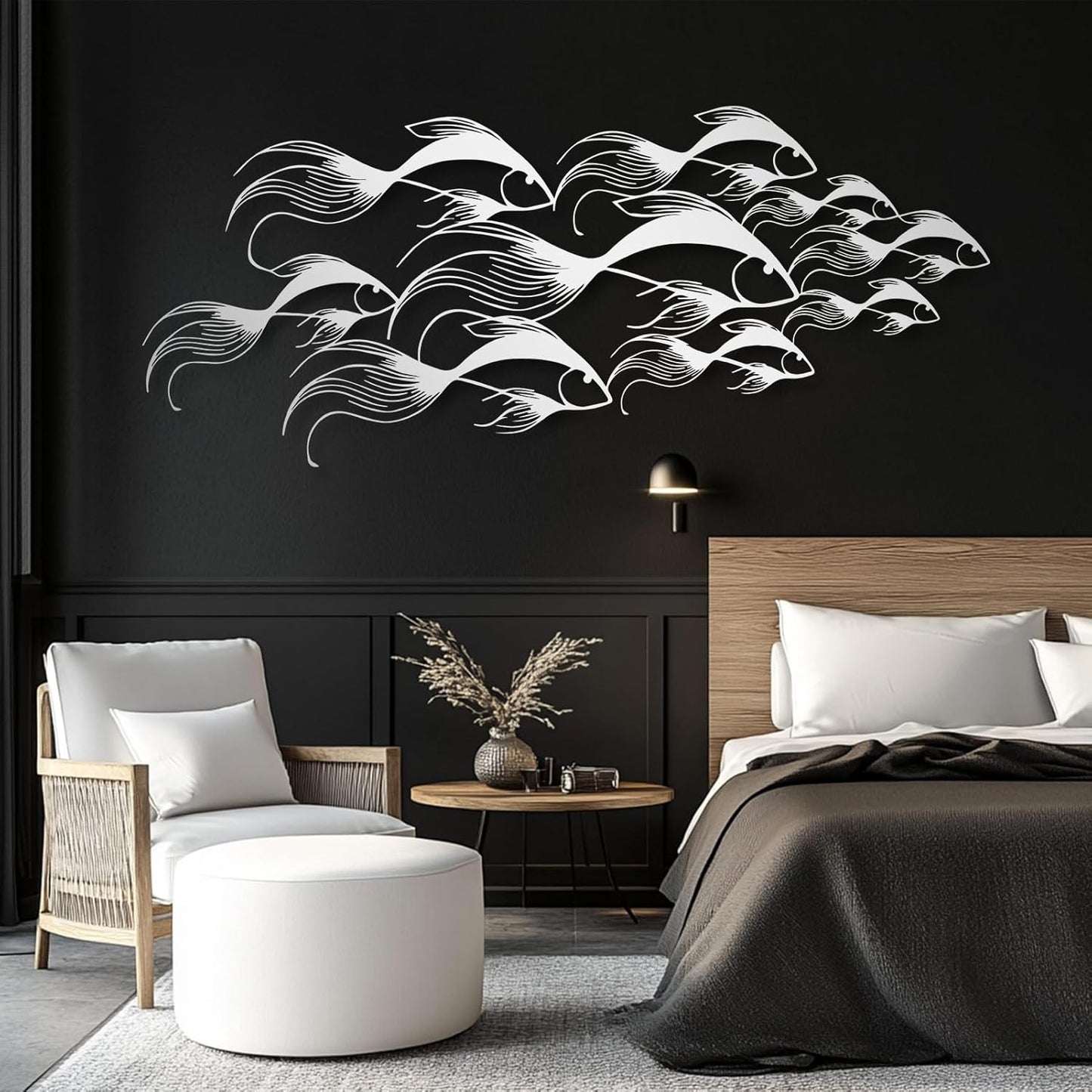 School of Fish Metal Wall Art, Metal Fish Wall Decor, Sea Life Wall Art, Large Nautical Wall Hanging, Modern Beach House Wall Decor, Ocean Themed Artwork for Bathroom (Silver, 41"x18" | 105x45cm)