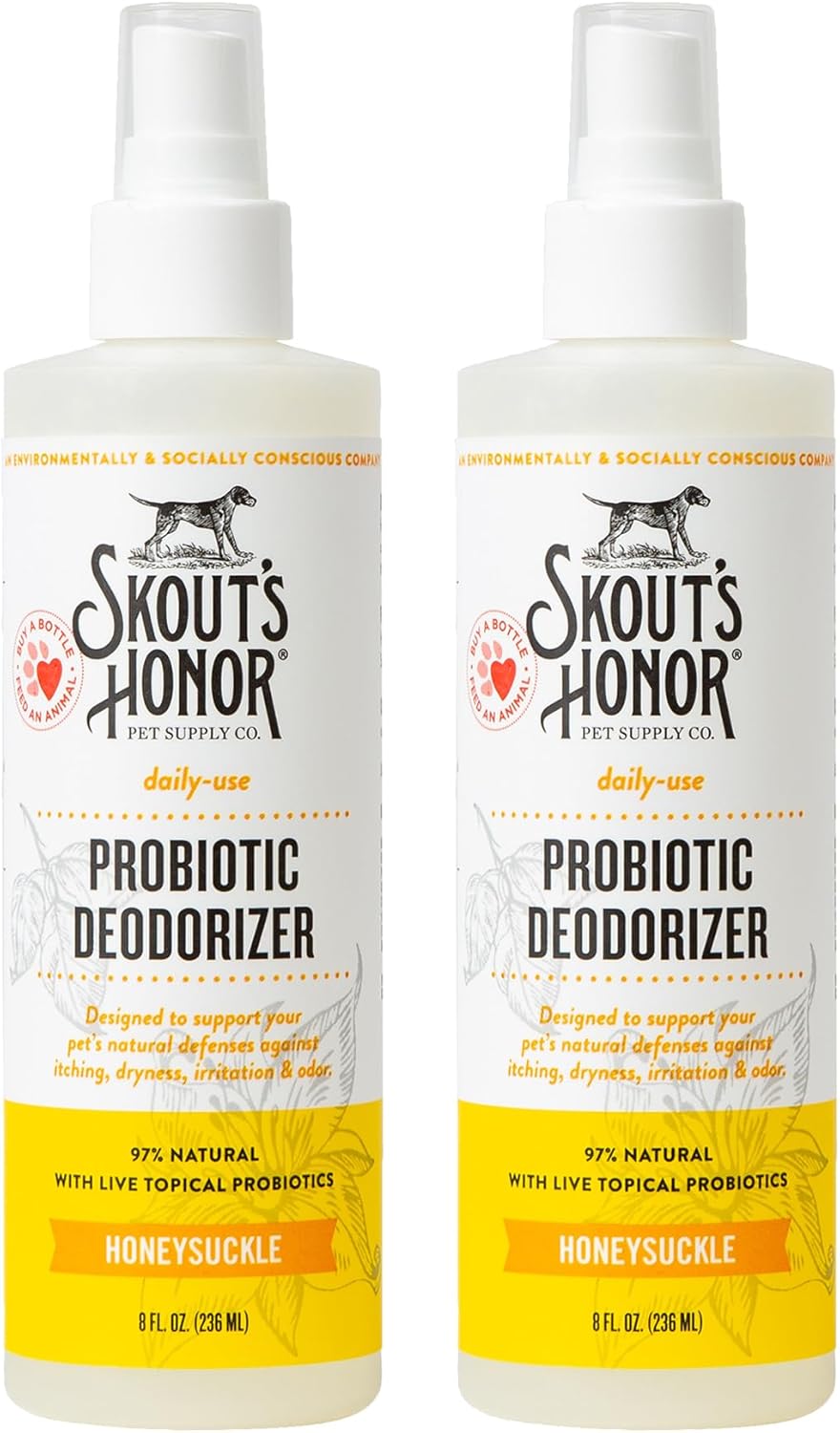 SKOUT'S HONOR Probiotic Pet Deodorizer Spray- Hydrating Daily-Use with Avocado Oil & Omega-3s, Microbiome Friendly Certiified, Paraben & Sulfate-Free, 97% Natural, 8oz, Honeysuckle, 2-Pack